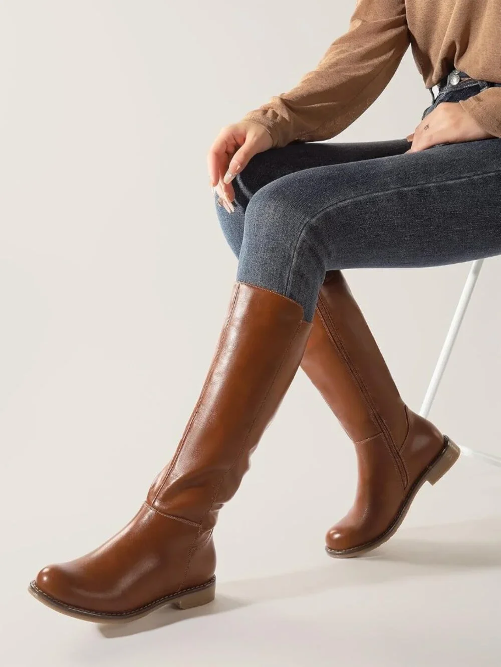 Women's  Brown Pu Knee High Boots Flat Low Heel with Side Zipper